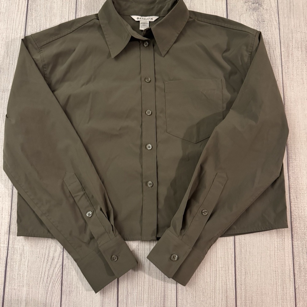 Athleta Women's Small Olive Green Cropped Button Down Shirt Long Sleeve Pocket